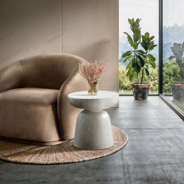 Meridian Furniture Avellino Art Deco Sculptural Concrete End Table with Marble Effect Finish Indoor Outdoor Use White 99052White-ET