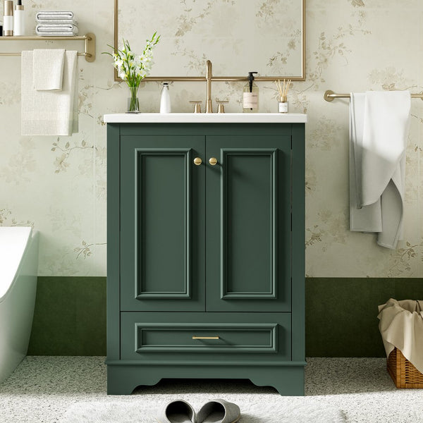 English Elm 24'' Bathroom Vanity with Ceramic Sink Combo Modern Freestanding MDF Cabinet with Soft-Close Doors and Sleek Silver Handles for Spacious Organized Bathroom Storage Green N710P194893F