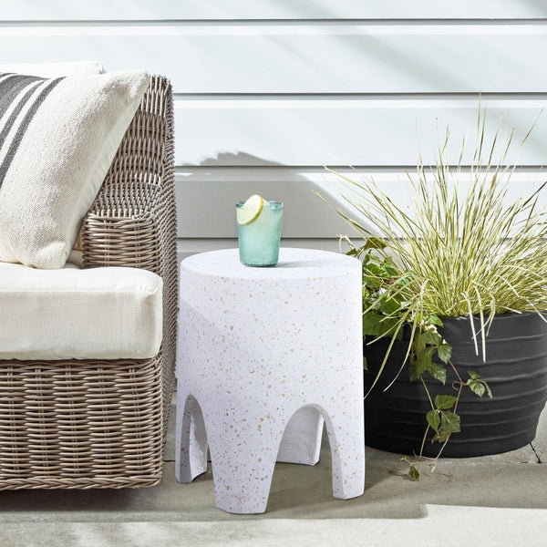 Meridian Furniture Foligno Sculptural Concrete End Table with Arched Cutouts for Indoor Outdoor Living Spaces White 99054White-ET
