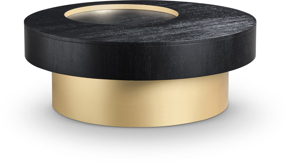 Meridian Furniture Makai Two-tier Round Coffee Table with Oak Veneer Top and Brushed Brass Geometric Base Black 99056Black-CT