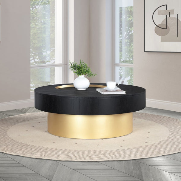 Meridian Furniture Makai Two-tier Round Coffee Table with Oak Veneer Top and Brushed Brass Geometric Base Black 99056Black-CT
