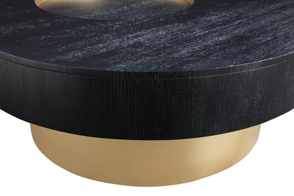 Meridian Furniture Makai Two-tier Round Coffee Table with Oak Veneer Top and Brushed Brass Geometric Base Black 99056Black-CT