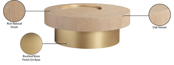 Meridian Furniture Makai Two-tier Round Coffee Table with Oak Veneer Top and Brushed Brass Geometric Base Natural 99056Natural-CT