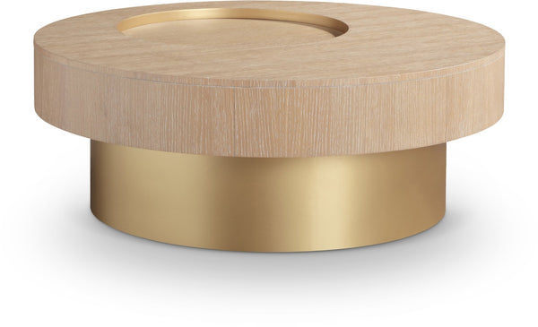 Meridian Furniture Makai Two-tier Round Coffee Table with Oak Veneer Top and Brushed Brass Geometric Base Natural 99056Natural-CT