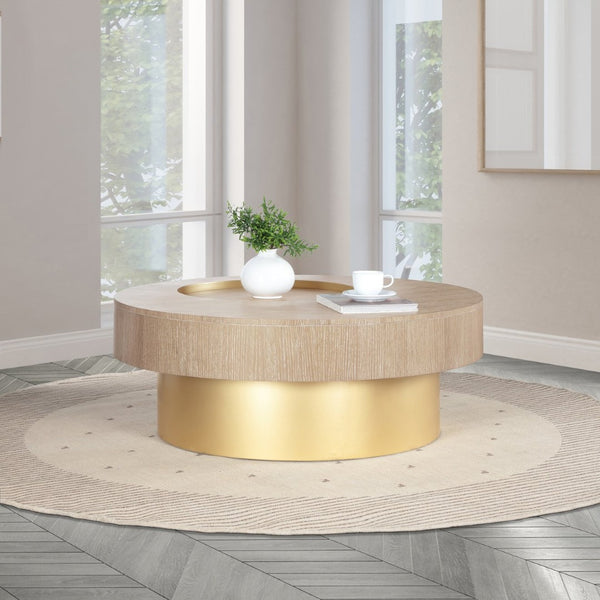 Meridian Furniture Makai Two-tier Round Coffee Table with Oak Veneer Top and Brushed Brass Geometric Base Natural 99056Natural-CT