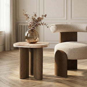 Meridian Furniture Puglia Genuine Marble Top and Solid Oak End Table for Modern Living Room Decor and Style Cream 99057Breccia-ET