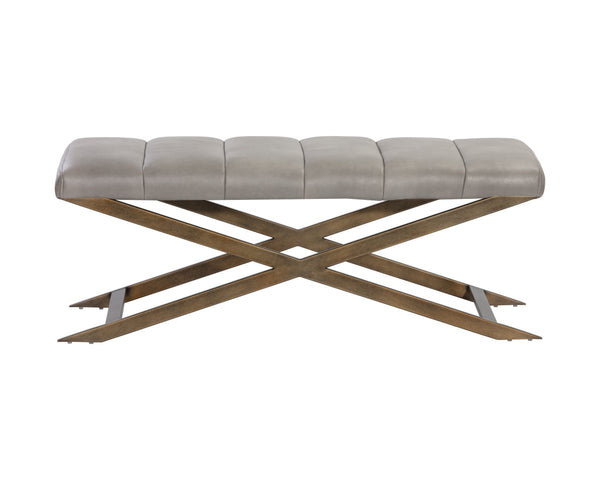 Sunpan Kammi Elegant Modern Bench with Antique Brass X-Base and Channel Tufting for Timeless Style Bravo Metal