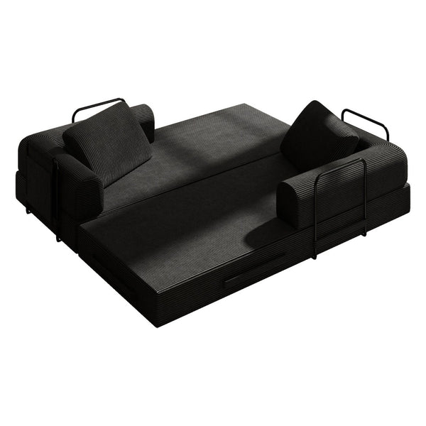 English Elm Convertible Corduroy Sleeper Sofa Foldable Three Seat Couch for Studio or Bedroom Black W3366P447116