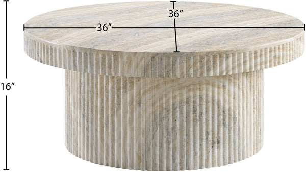 Meridian Furniture Legatto Travertine Finish Concrete Round Coffee Table Fluted Base Art Deco Indoor Outdoor 99061Travertine-CT