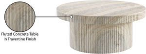 Meridian Furniture Legatto Travertine Finish Concrete Round Coffee Table Fluted Base Art Deco Indoor Outdoor 99061Travertine-CT