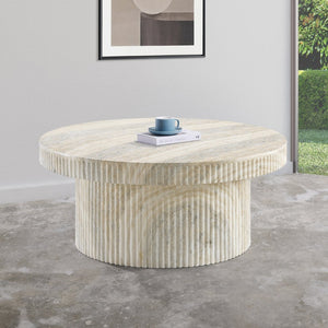 Meridian Furniture Legatto Travertine Finish Concrete Round Coffee Table Fluted Base Art Deco Indoor Outdoor 99061Travertine-CT