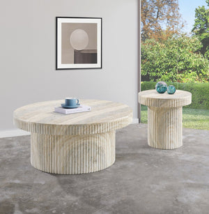 Meridian Furniture Legatto Travertine Finish Concrete Round Coffee Table Fluted Base Art Deco Indoor Outdoor 99061Travertine-CT