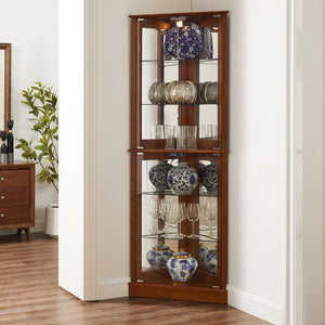 English Elm Walnut Corner Display Cabinet with Mirrored Back Lit Glass Shelves for Living Room W1693P171668