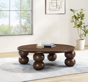 Meridian Furniture Kelvin Round Oak Veneer Coffee Table with Sculptural Ball Legs for Modern Living Room Brown 99064Brown-CT