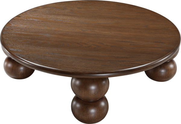 Meridian Furniture Kelvin Round Oak Veneer Coffee Table with Sculptural Ball Legs for Modern Living Room Brown 99064Brown-CT