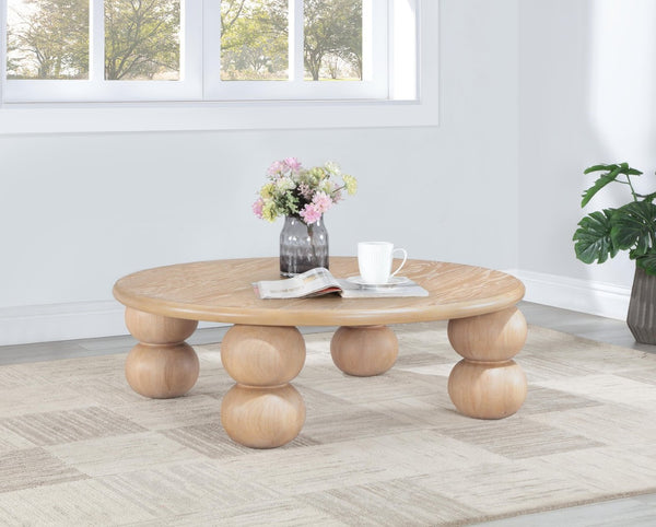 Meridian Furniture Kelvin Round Oak Veneer Coffee Table with Sculptural Ball Legs for Modern Living Room Natural 99064Natural-CT