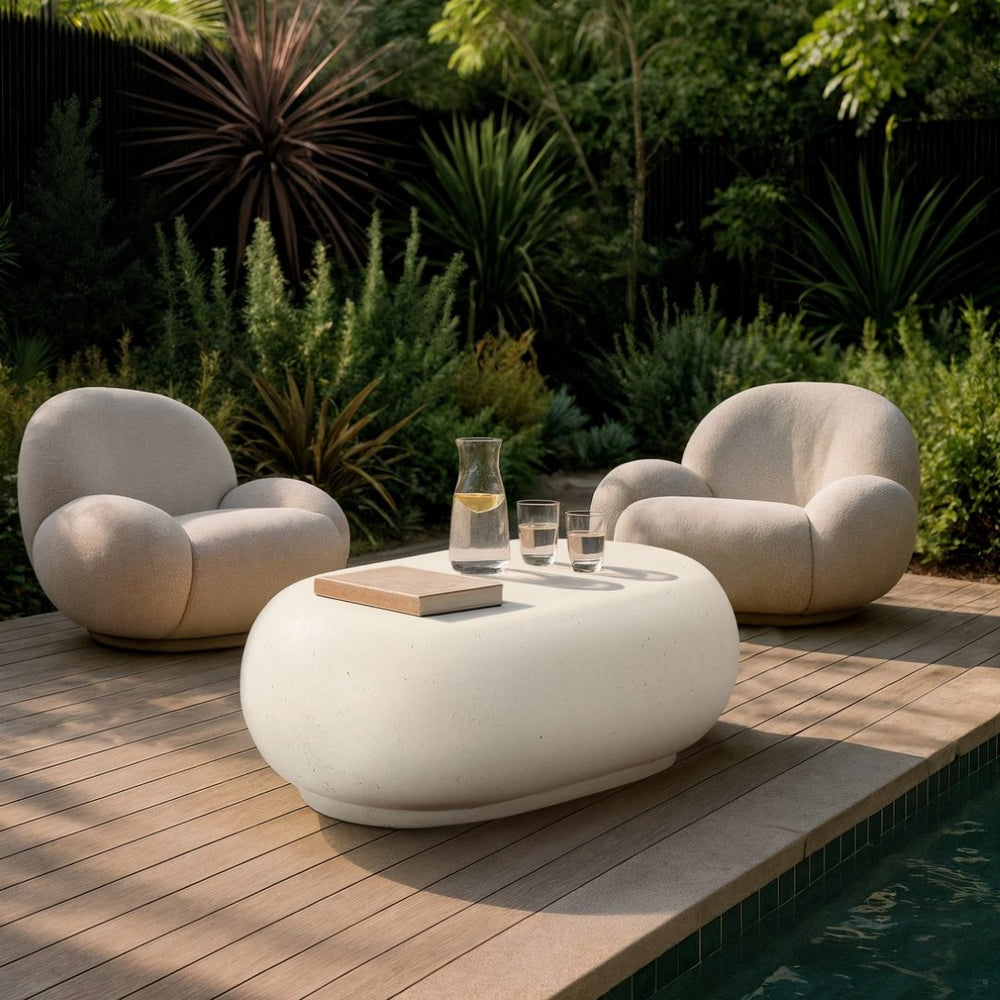 Meridian Furniture Pebble Shaped Fiberglass Concrete Coffee Table for Indoor Outdoor Organic Modern Living Spaces 36" W x 24" D x 14" H 99065Cream-CT