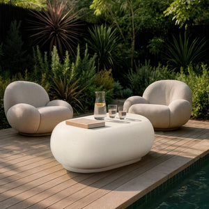 Meridian Furniture Pebble Shaped Fiberglass Concrete Coffee Table for Indoor Outdoor Organic Modern Living Spaces 36" W x 24" D x 14" H 99065Cream-CT