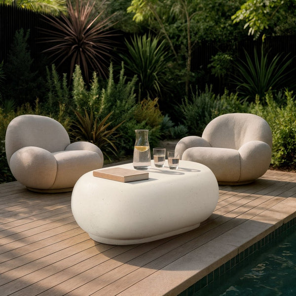 Meridian Furniture Pebble Shaped Fiberglass Concrete Coffee Table for Indoor Outdoor Organic Modern Living Spaces 36" W x 24" D x 14" H 99065Cream-CT