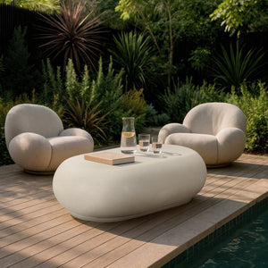 Meridian Furniture Pebble Shaped Fiberglass Concrete Coffee Table for Indoor Outdoor Organic Modern Living Spaces 48" W x 30" D x 14" H 99066Cream-CT