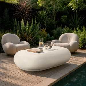 Meridian Furniture Pebble Shaped Fiberglass Concrete Coffee Table for Indoor Outdoor Organic Modern Living Spaces 59" W x 37" D x 14" H 99069Cream-CT