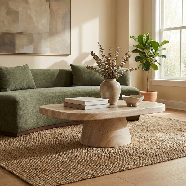 Meridian Furniture Prato Sculptural Concrete Oval Coffee Table with Art Deco Pedestal Base for Indoor Outdoor Use Travertine 99070Travertine-CT