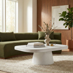 Meridian Furniture Prato Sculptural Concrete Oval Coffee Table with Art Deco Pedestal Base for Indoor Outdoor Use White 99070White-CT