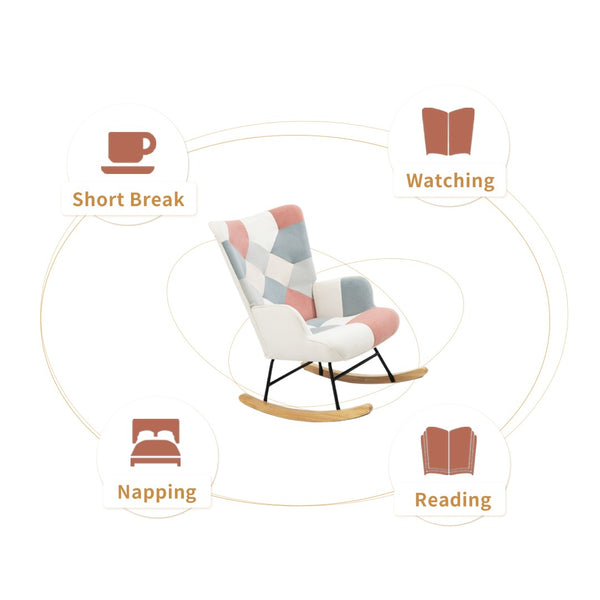 English Elm Rocking Chair With Ottoman - Mid-Century Patchwork Linen, Cozy Wood Legs For Living Room, Bedroom Use W561P175989-GIGA