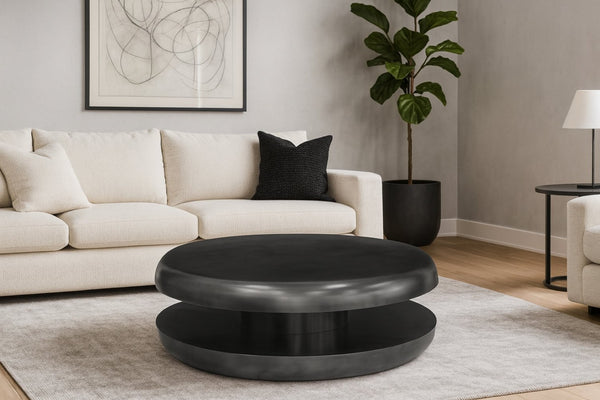Meridian Furniture Jamison Sculptural Tiered Iron Round Coffee Table with Antique Finish for Modern Living Rooms Black 99071Black-CT