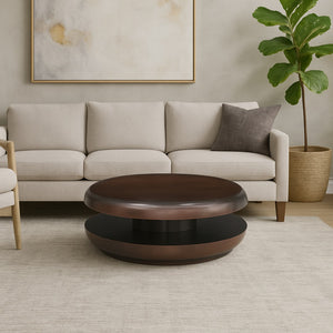 Meridian Furniture Jamison Sculptural Tiered Iron Round Coffee Table with Antique Finish for Modern Living Rooms Brown 99071Brown-CT