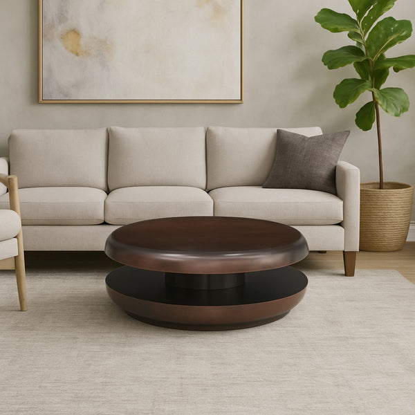 Meridian Furniture Jamison Sculptural Tiered Iron Round Coffee Table with Antique Finish for Modern Living Rooms Brown 99071Brown-CT