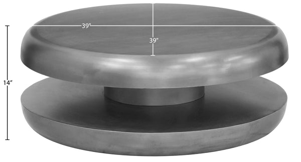 Meridian Furniture Jamison Sculptural Tiered Iron Round Coffee Table with Antique Finish for Modern Living Rooms Silver 99071Silver-CT