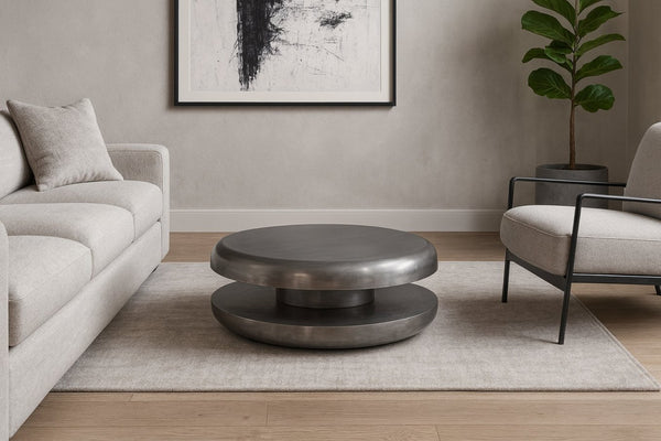 Meridian Furniture Jamison Sculptural Tiered Iron Round Coffee Table with Antique Finish for Modern Living Rooms Silver 99071Silver-CT