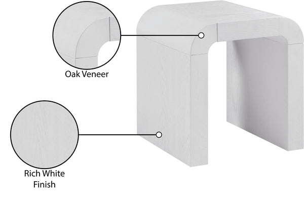 Meridian Furniture Toulon Oak Veneer End Table with Sculptural Curves and Warm Grain for Modern Living Rooms White 99072White-E