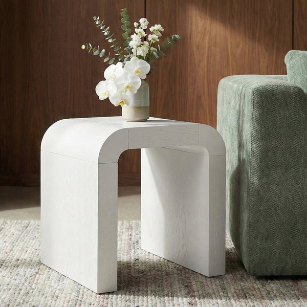 Meridian Furniture Toulon Oak Veneer End Table with Sculptural Curves and Warm Grain for Modern Living Rooms White 99072White-E
