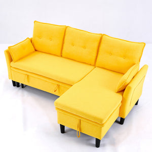 English Elm L-Shaped Reversible Chaise Sectional Sofa with Storage and Fold-Out Bed Cotton-Linen Modern Design Yellow W3371S00027