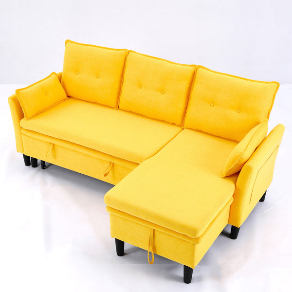 English Elm L-Shaped Reversible Chaise Sectional Sofa with Storage and Fold-Out Bed Cotton-Linen Modern Design Yellow W3371S00027
