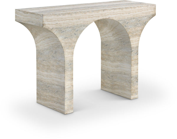 Meridian Furniture Pomezia Art Deco Console Table with Marble Style Finish and Wood Frame for Entryway Decor Natural 99073Travertine-T