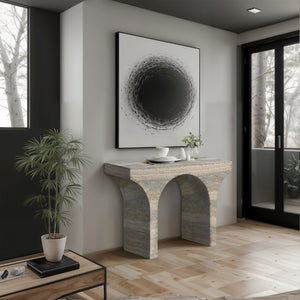 Meridian Furniture Pomezia Art Deco Console Table with Marble Style Finish and Wood Frame for Entryway Decor Natural 99073Travertine-T