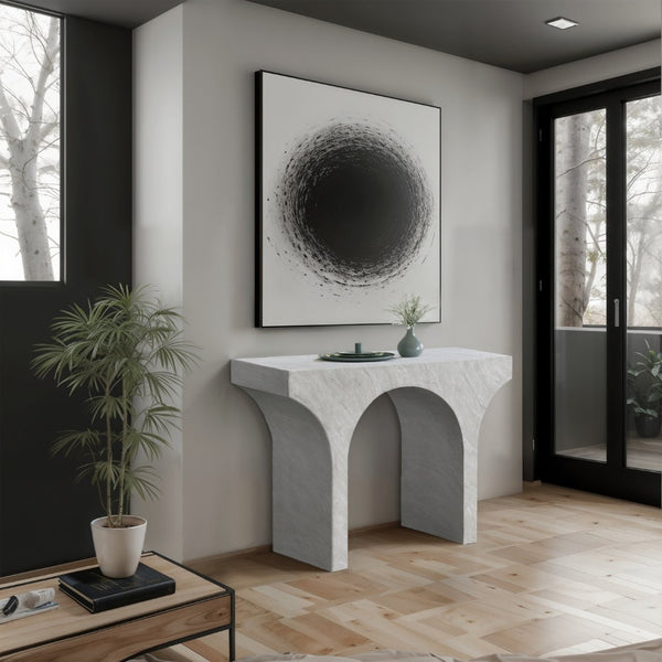 Meridian Furniture Pomezia Art Deco Console Table with Marble Style Finish and Wood Frame for Entryway Decor White 99073White-T