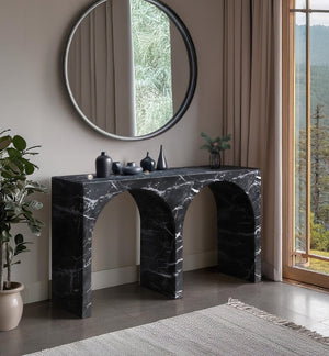 Meridian Furniture Faenza Art Deco Console Table with Marble Veined Finish for Entryway or Living Room Decor Black 99074Black-T