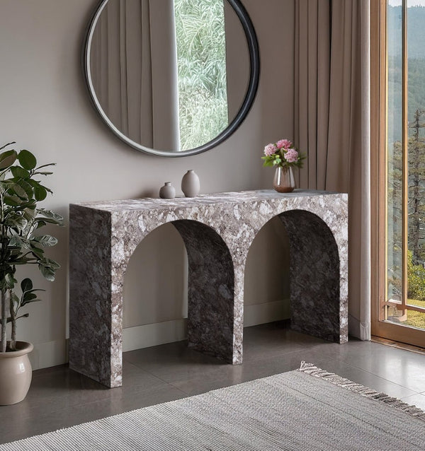Meridian Furniture Faenza Art Deco Console Table with Marble Veined Finish for Entryway or Living Room Decor Brown 99074Brown-T