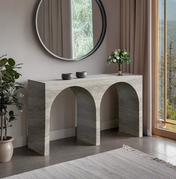 Meridian Furniture Faenza Art Deco Console Table with Marble Veined Finish for Entryway or Living Room Decor Natural 99074Travertine-T