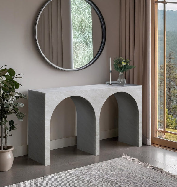 Meridian Furniture Faenza Art Deco Console Table with Marble Veined Finish for Entryway or Living Room Decor White 99074White-T