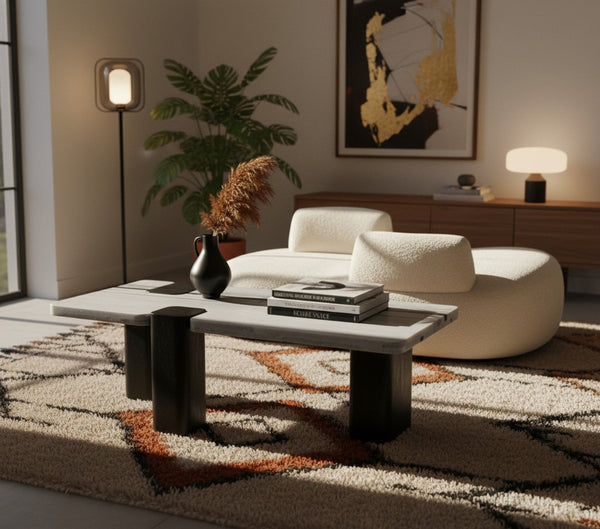 Meridian Furniture Ravenna Genuine Stone Top Coffee Table with Art Deco Oak Wood Base for Living Rooms Panda Genuine Marble 99077Panda-CT