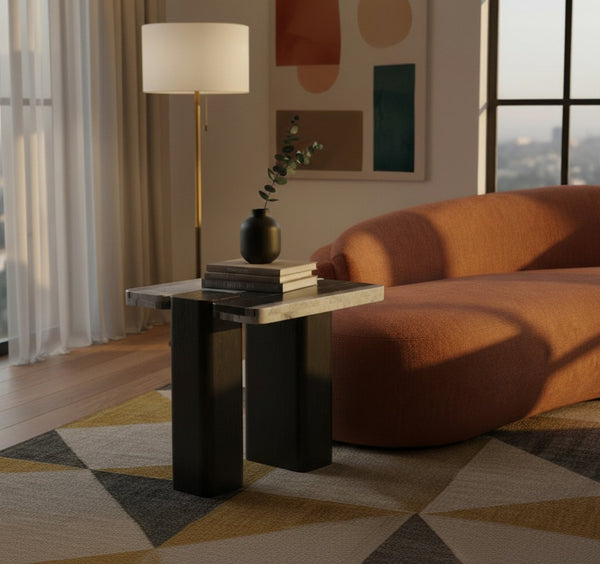 Meridian Furniture Ravenna Panda Marble Top Oak Base End Table with Art Deco Silhouette for Living Rooms 99077Panda-ET