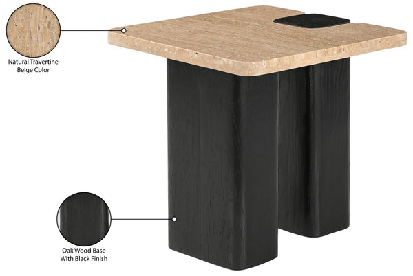 Meridian Furniture Ravenna Genuine Travertine Top Oak Base Square End Table with Art Deco Appeal 99078Travertine-ET