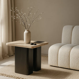 Meridian Furniture Ravenna Genuine Travertine Top Oak Base Square End Table with Art Deco Appeal 99078Travertine-ET