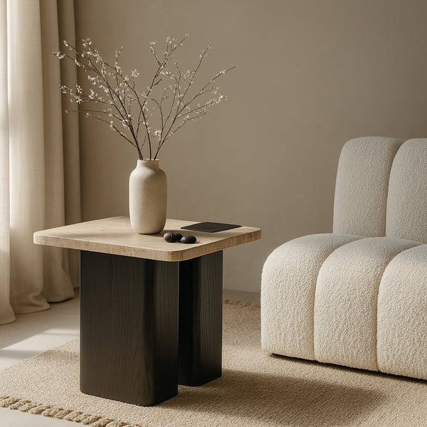 Meridian Furniture Ravenna Genuine Travertine Top Oak Base Square End Table with Art Deco Appeal 99078Travertine-ET