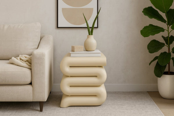 Meridian Furniture Roland Sculptural Iron End Table Matte Powder Coat Finish for Modern Living Room Accent Beige 99079Beige-ET